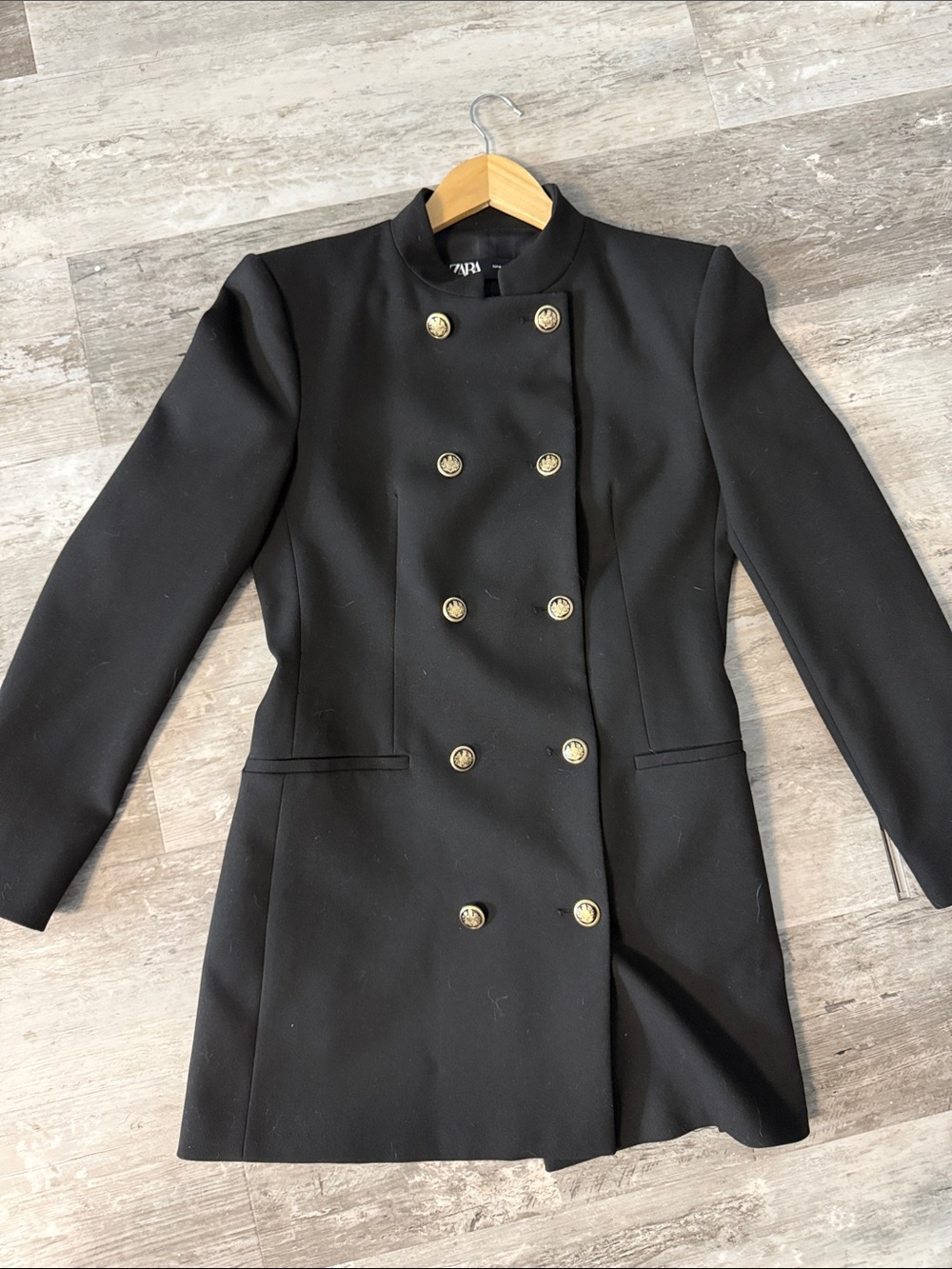 Zara Black Double-Breasted Military-Style Pea Coat with Gold Buttons